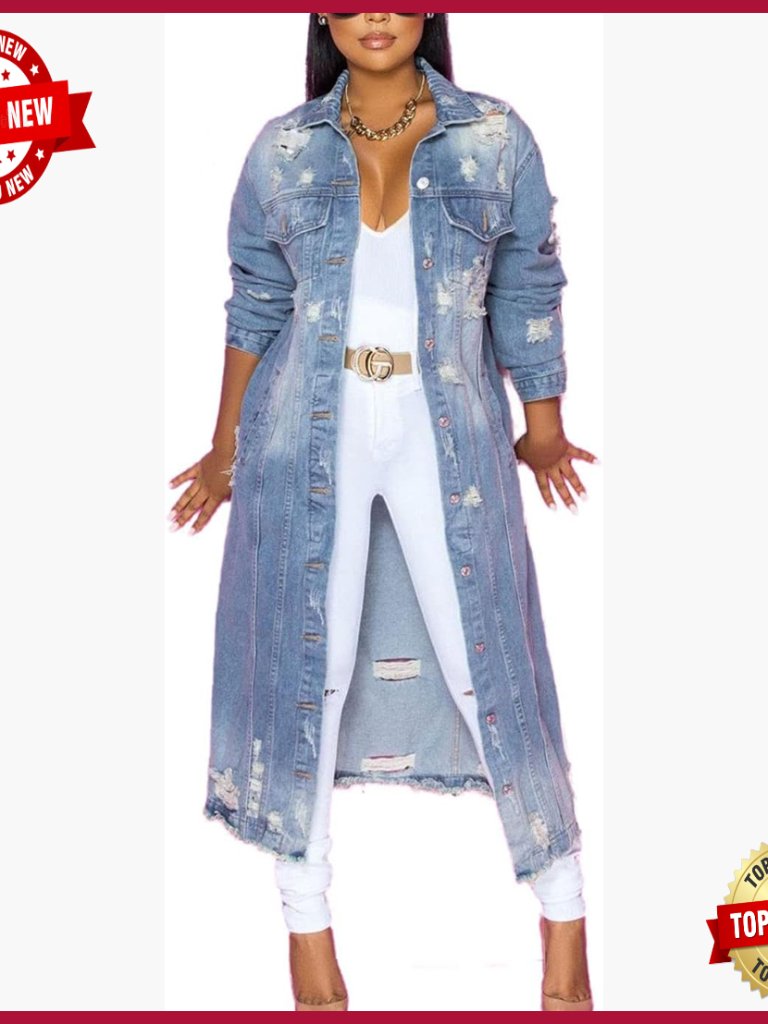 Distressed Denim Jacket Long Trench Coat